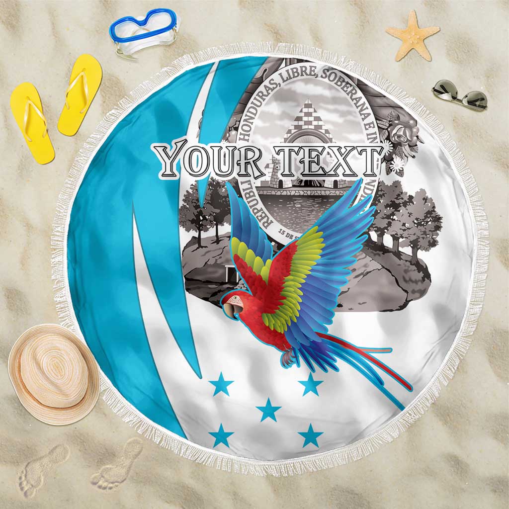 Round beach blanket with fringe, blue-white flag, scarlet macaw, coat of arms, Your Text