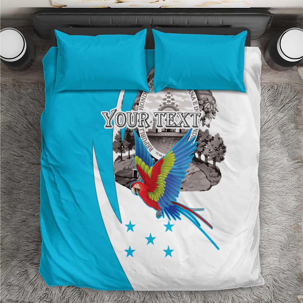 Turquoise and white personalized bedding set with macaw and coat of arms graphic