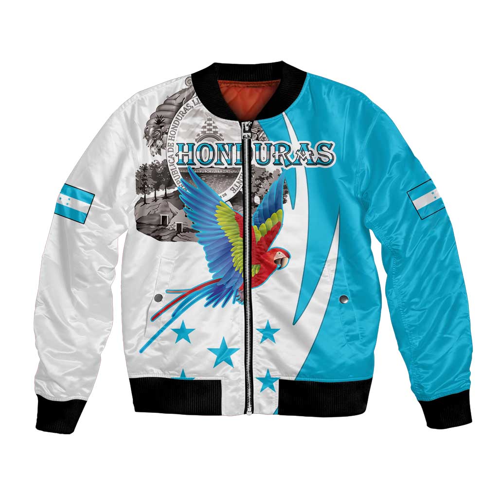 White and blue bomber jacket with macaw and Honduras coat-of-arms front graphic