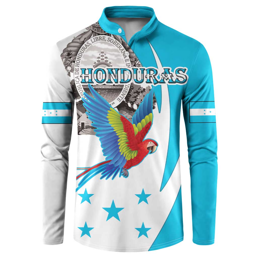Turquoise and white button-front long-sleeve sweatshirt with Honduras crest and macaw