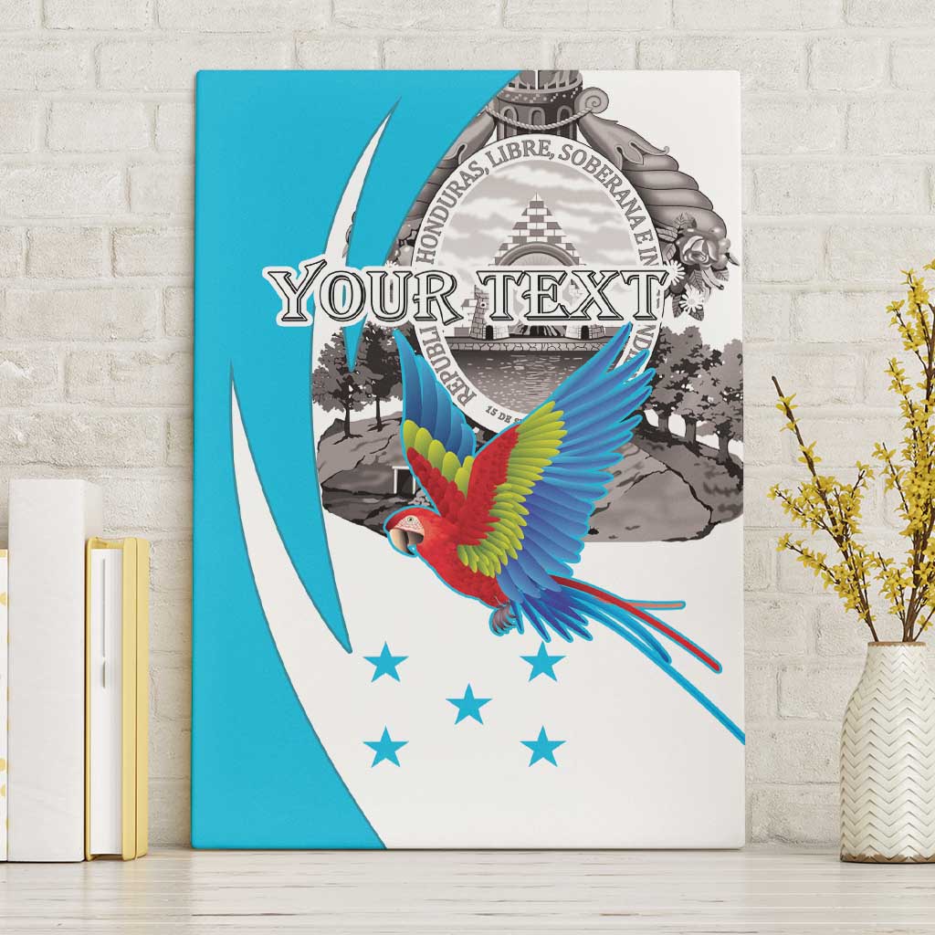 Canvas wall art: flying scarlet macaw, coat of arms, 'YOUR TEXT', blue & white