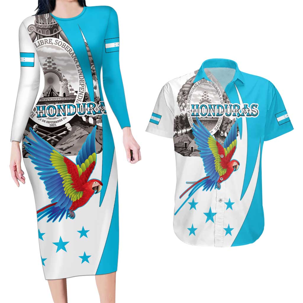 Personalized Honduras Independence Day Couples Matching Long Sleeve Bodycon Dress and Hawaiian Shirt Scarlet Macaw With Coat Of Arms - Wonder Print Shop