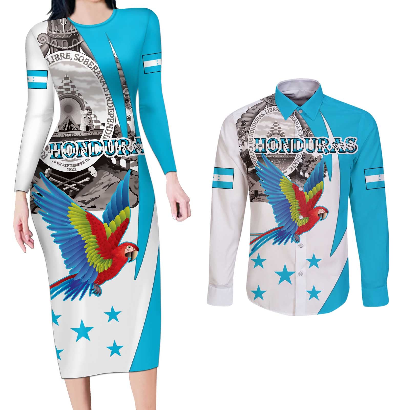 Personalized Honduras Independence Day Couples Matching Long Sleeve Bodycon Dress and Long Sleeve Button Shirt Scarlet Macaw With Coat Of Arms - Wonder Print Shop