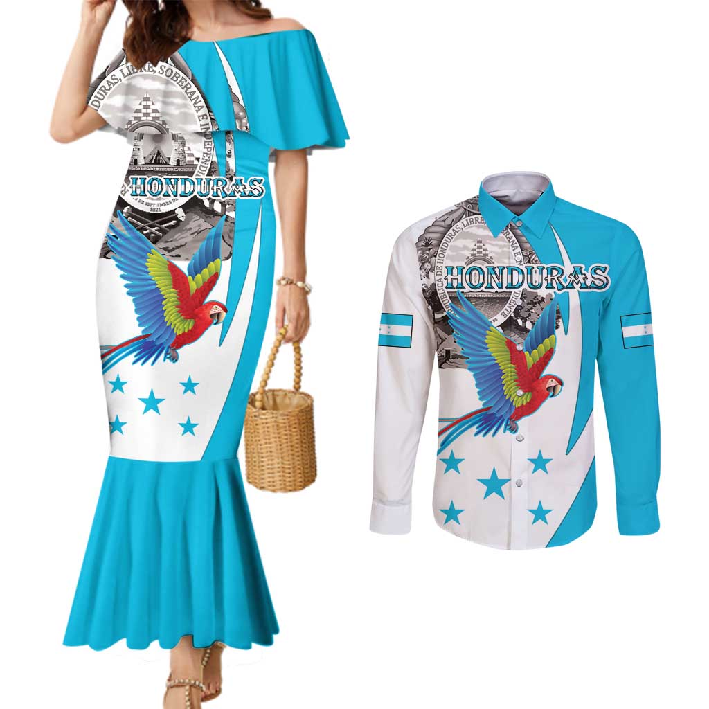 Personalized Honduras Independence Day Couples Matching Mermaid Dress and Long Sleeve Button Shirt Scarlet Macaw With Coat Of Arms