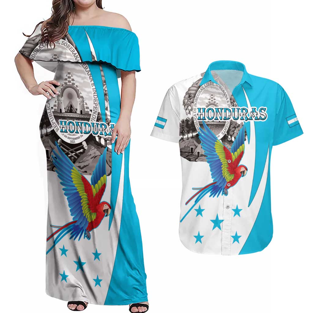 Personalized Honduras Independence Day Couples Matching Off Shoulder Maxi Dress and Hawaiian Shirt Scarlet Macaw With Coat Of Arms - Wonder Print Shop