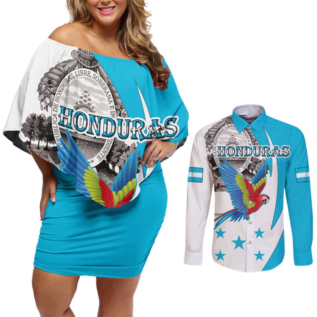 Personalized Honduras Independence Day Couples Matching Off Shoulder Short Dress and Long Sleeve Button Shirt Scarlet Macaw With Coat Of Arms - Wonder Print Shop