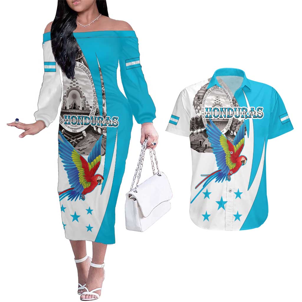 Personalized Honduras Independence Day Couples Matching Off The Shoulder Long Sleeve Dress and Hawaiian Shirt Scarlet Macaw With Coat Of Arms - Wonder Print Shop