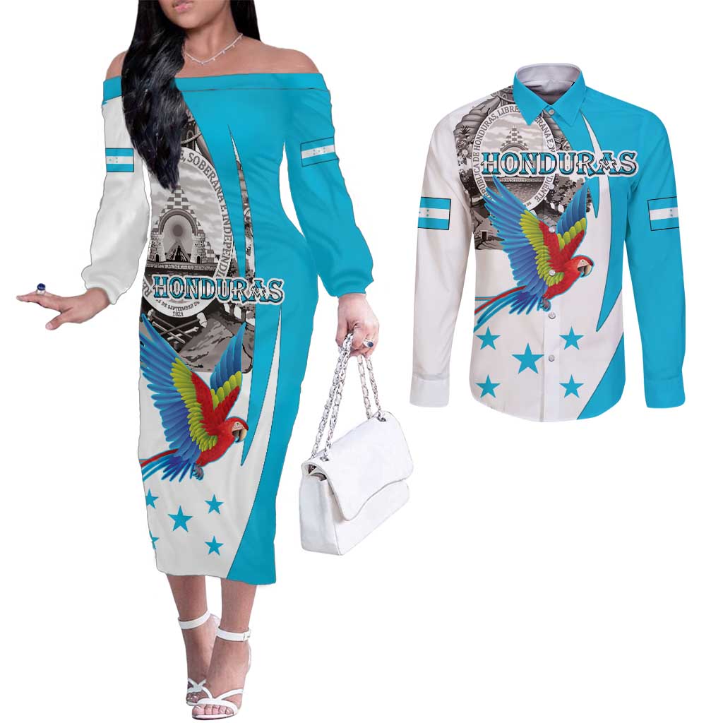 Personalized Honduras Independence Day Couples Matching Off The Shoulder Long Sleeve Dress and Long Sleeve Button Shirt Scarlet Macaw With Coat Of Arms