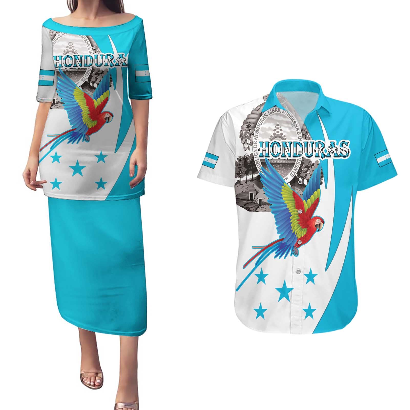 Personalized Honduras Independence Day Couples Matching Puletasi and Hawaiian Shirt Scarlet Macaw With Coat Of Arms - Wonder Print Shop