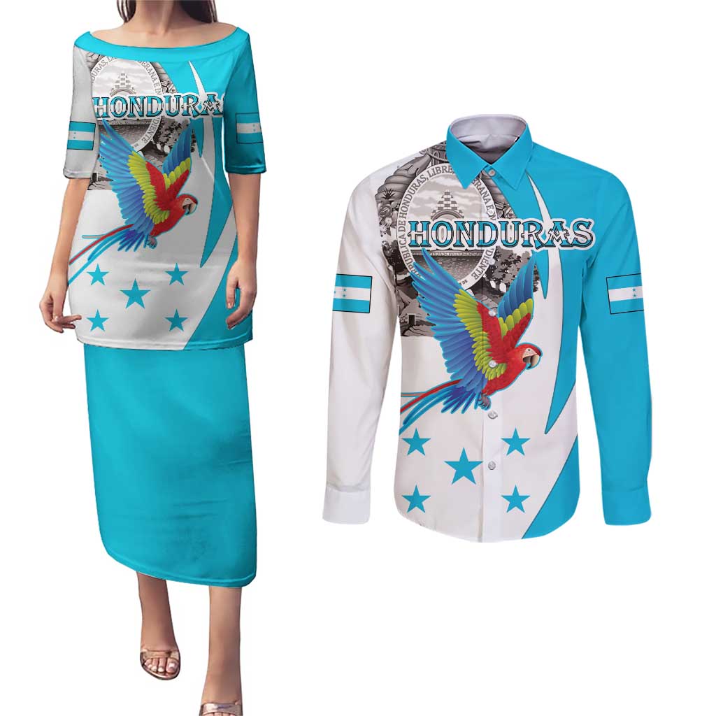 Personalized Honduras Independence Day Couples Matching Puletasi and Long Sleeve Button Shirt Scarlet Macaw With Coat Of Arms - Wonder Print Shop