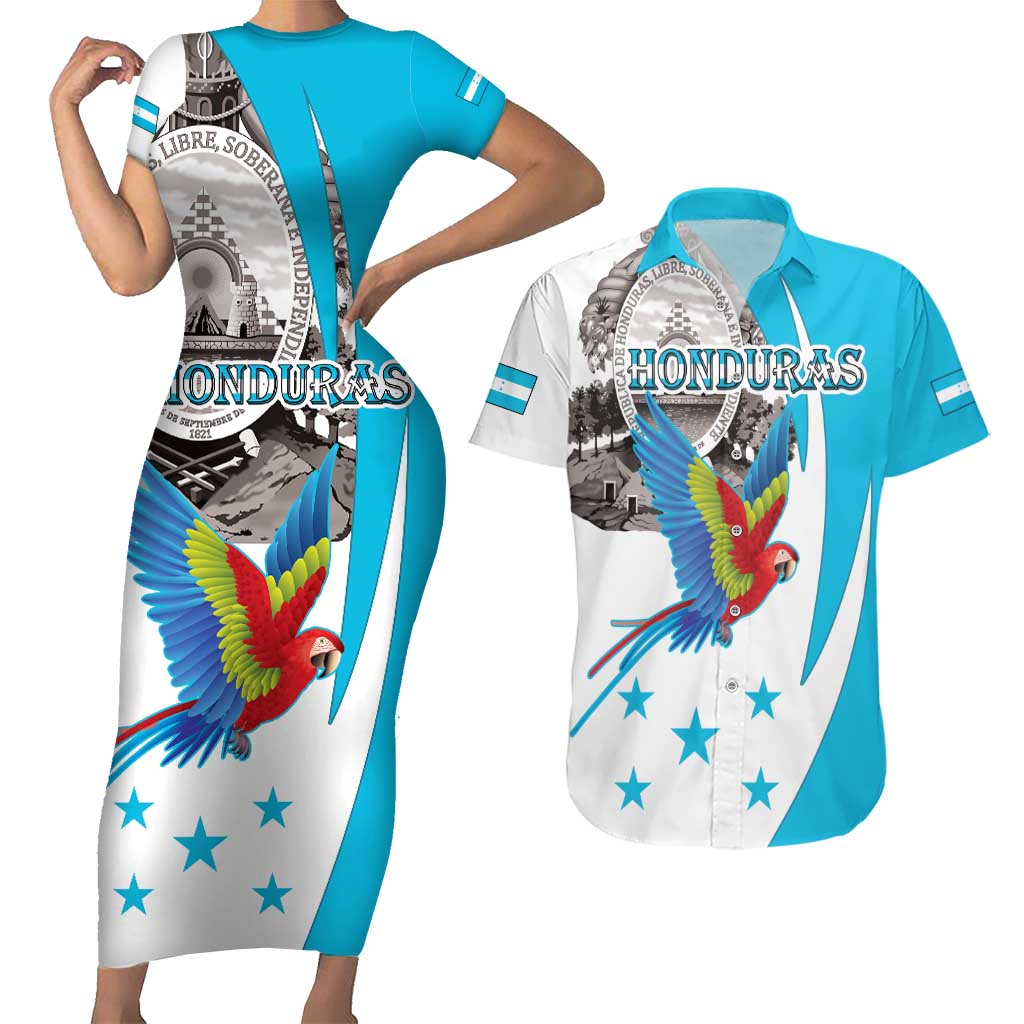 Personalized Honduras Independence Day Couples Matching Short Sleeve Bodycon Dress and Hawaiian Shirt Scarlet Macaw With Coat Of Arms - Wonder Print Shop