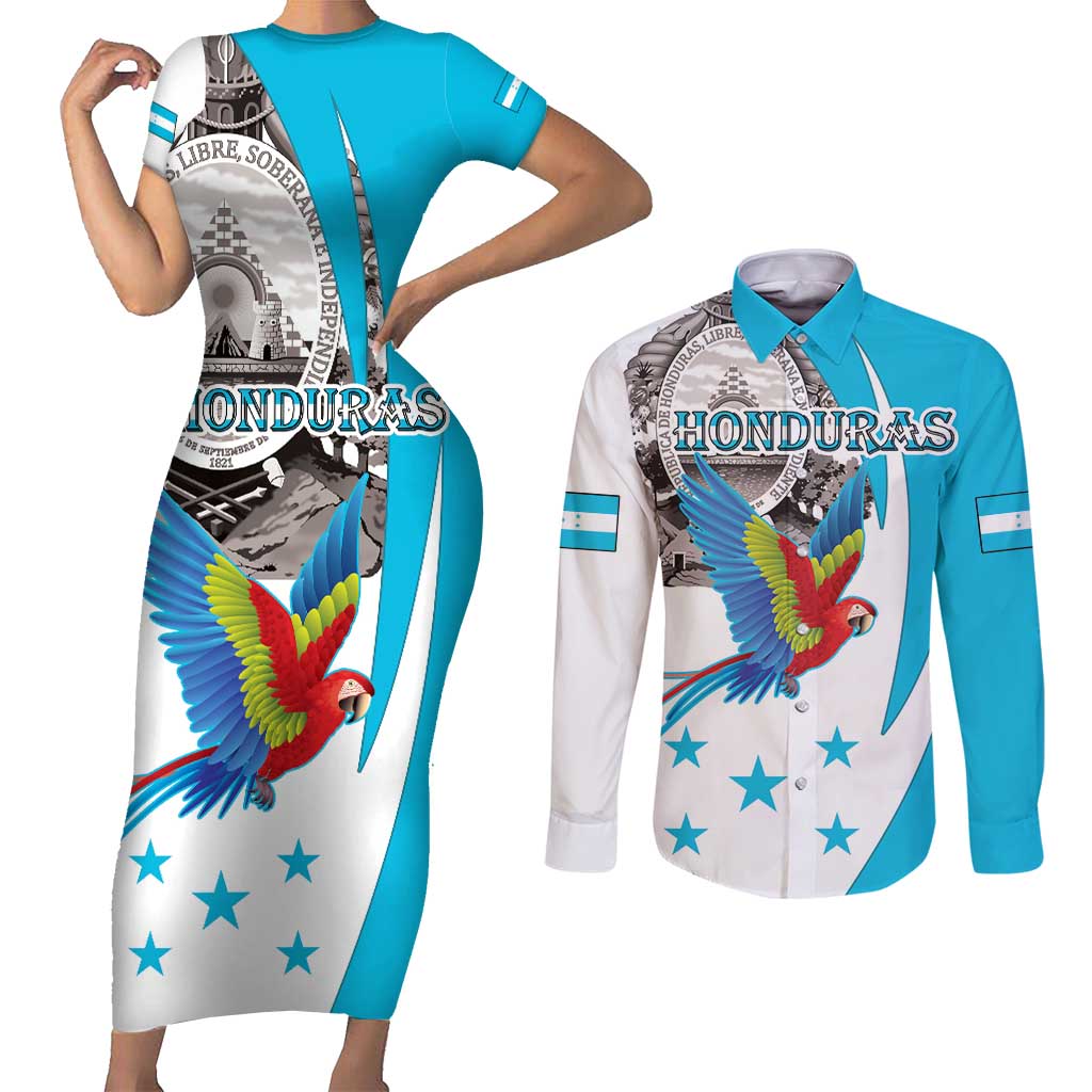 Personalized Honduras Independence Day Couples Matching Short Sleeve Bodycon Dress and Long Sleeve Button Shirt Scarlet Macaw With Coat Of Arms - Wonder Print Shop