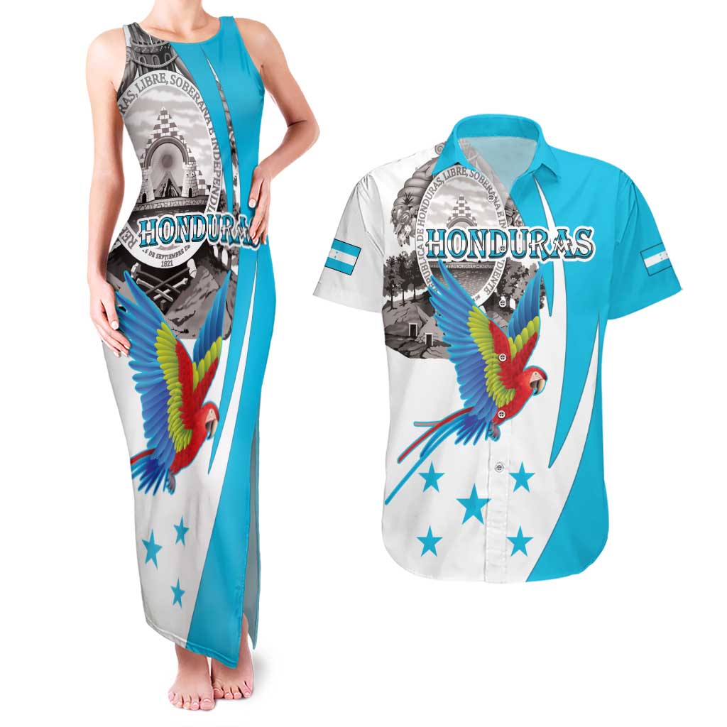 Personalized Honduras Independence Day Couples Matching Tank Maxi Dress and Hawaiian Shirt Scarlet Macaw With Coat Of Arms - Wonder Print Shop