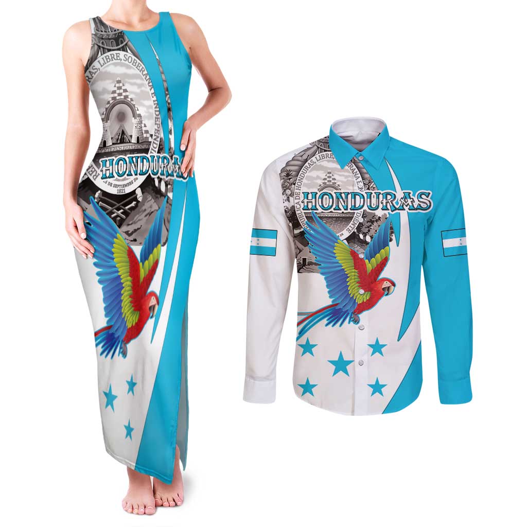 Personalized Honduras Independence Day Couples Matching Tank Maxi Dress and Long Sleeve Button Shirt Scarlet Macaw With Coat Of Arms - Wonder Print Shop