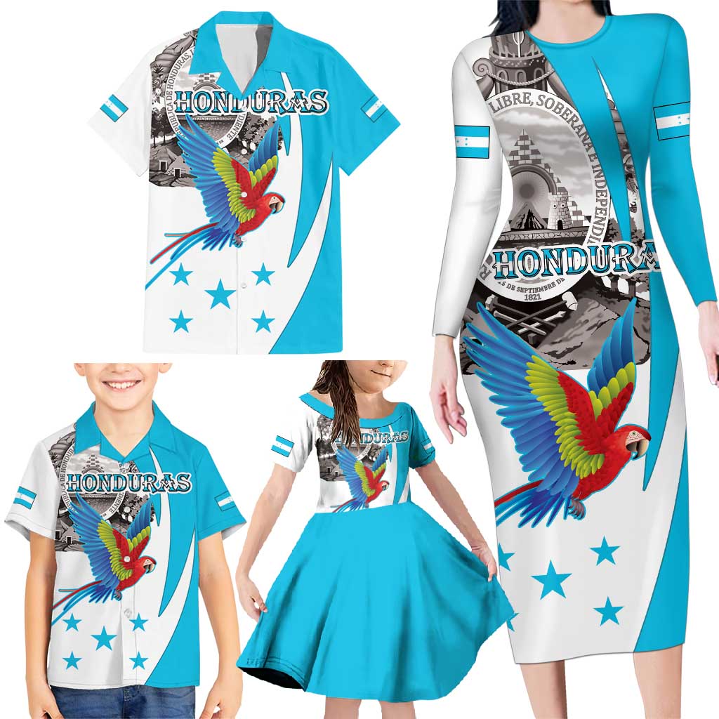 Personalized Honduras Independence Day Family Matching Long Sleeve Bodycon Dress and Hawaiian Shirt Scarlet Macaw With Coat Of Arms - Wonder Print Shop