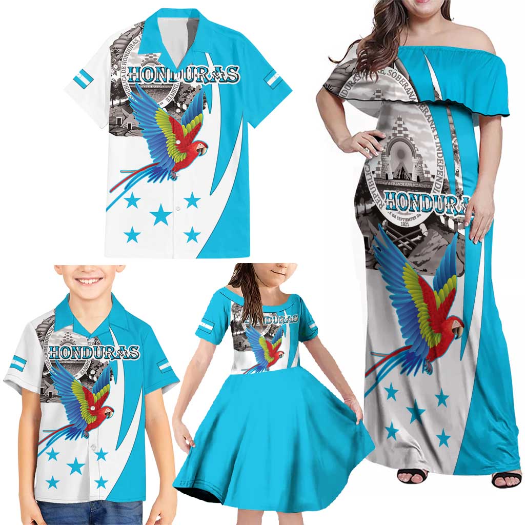 Personalized Honduras Independence Day Family Matching Off Shoulder Maxi Dress and Hawaiian Shirt Scarlet Macaw With Coat Of Arms - Wonder Print Shop