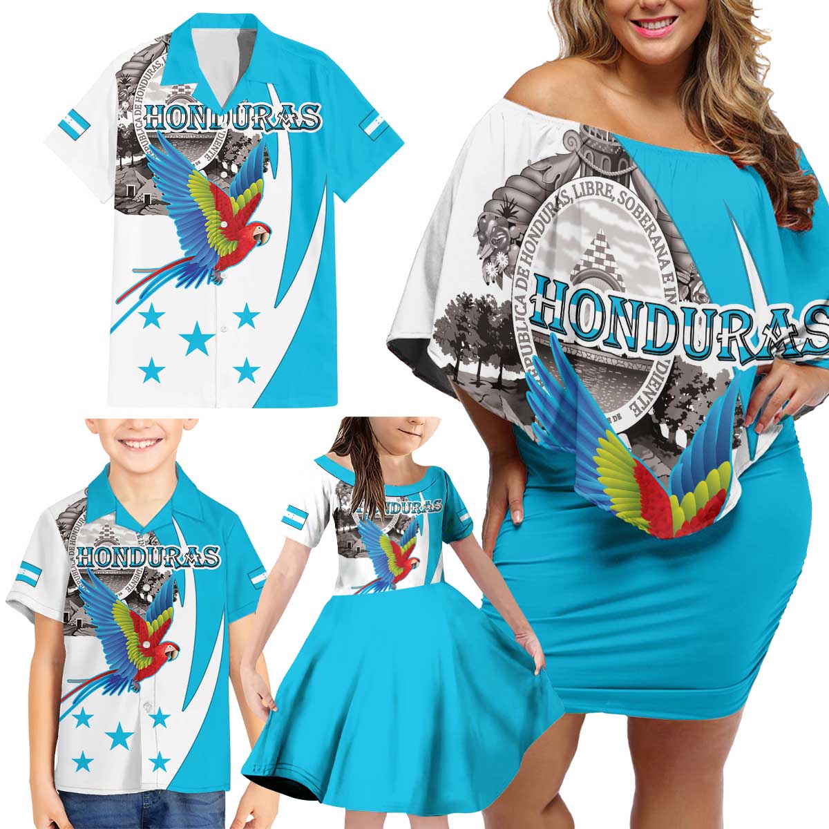 Personalized Honduras Independence Day Family Matching Off Shoulder Short Dress and Hawaiian Shirt Scarlet Macaw With Coat Of Arms - Wonder Print Shop