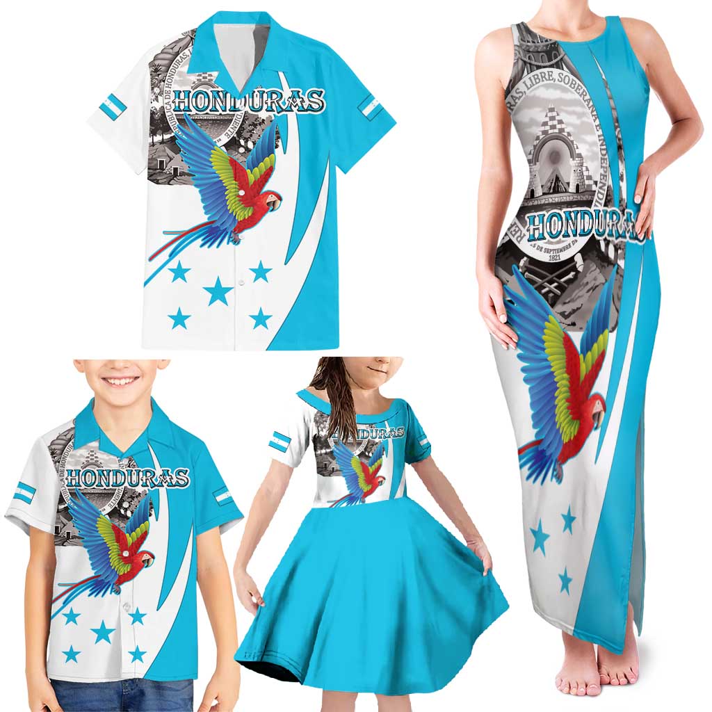 Personalized Honduras Independence Day Family Matching Tank Maxi Dress and Hawaiian Shirt Scarlet Macaw With Coat Of Arms - Wonder Print Shop