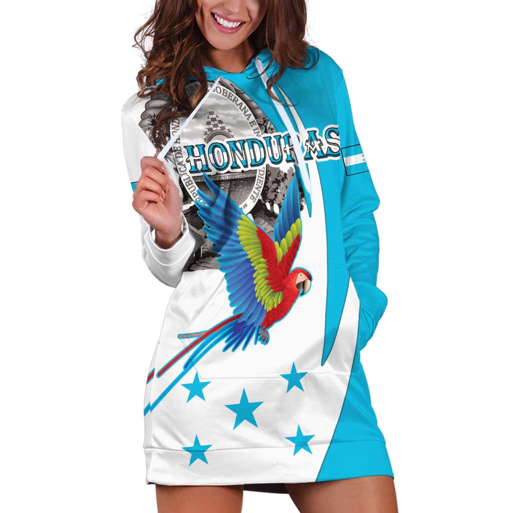 Personalized Honduras Independence Day Hoodie Dress Scarlet Macaw With Coat Of Arms - Wonder Print Shop