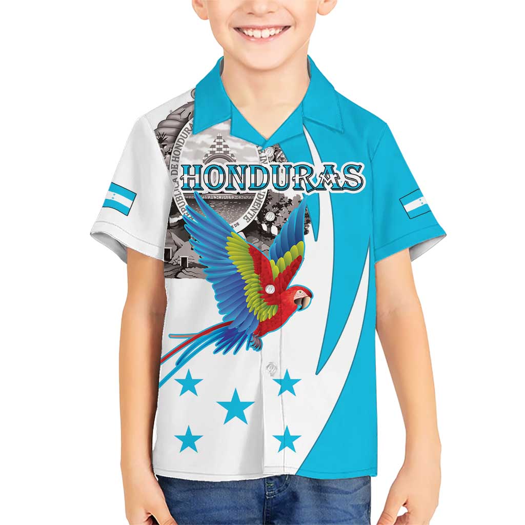 Personalized Honduras Independence Day Kid Hawaiian Shirt Scarlet Macaw With Coat Of Arms - Wonder Print Shop