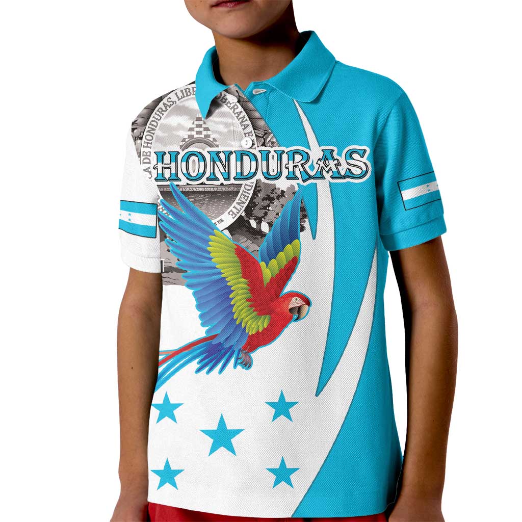 Personalized Honduras Independence Day Kid Polo Shirt Scarlet Macaw With Coat Of Arms - Wonder Print Shop