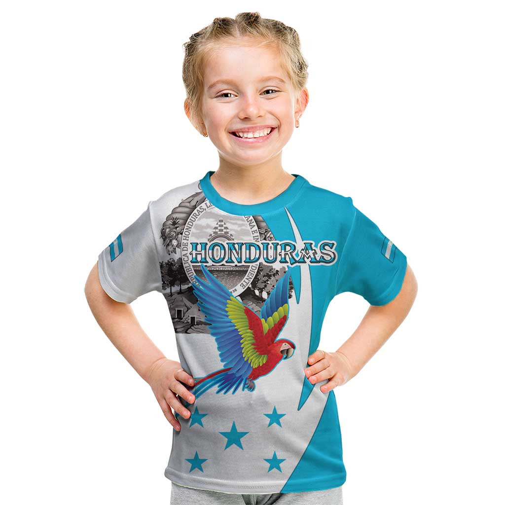 Personalized Honduras Independence Day Kid T Shirt Scarlet Macaw With Coat Of Arms - Wonder Print Shop