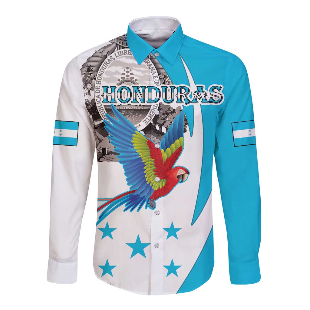 Long-sleeve button shirt with blue-white panels and colorful macaw crest graphic