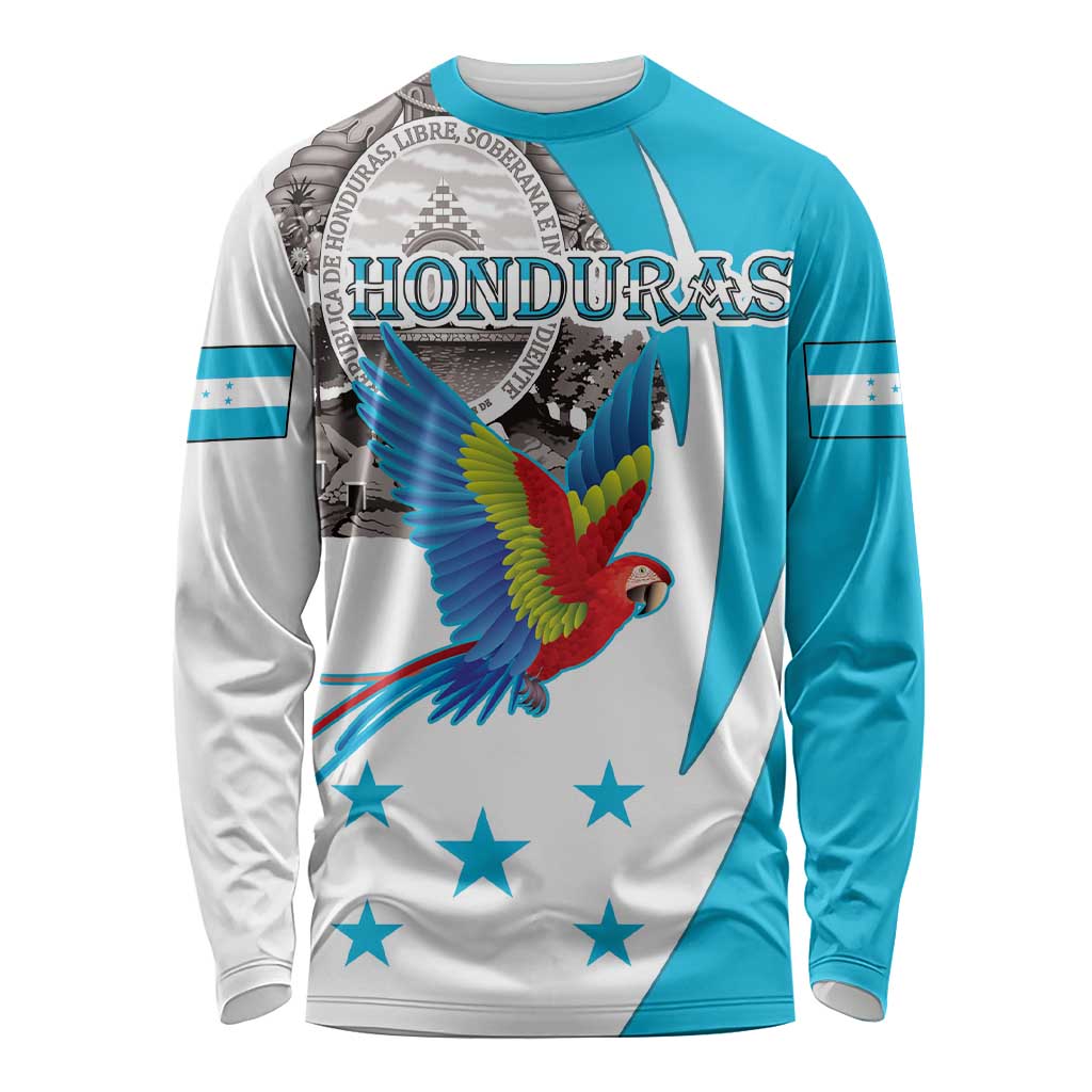 Personalized Honduras Independence Day Long Sleeve Shirt Scarlet Macaw With Coat Of Arms - Wonder Print Shop