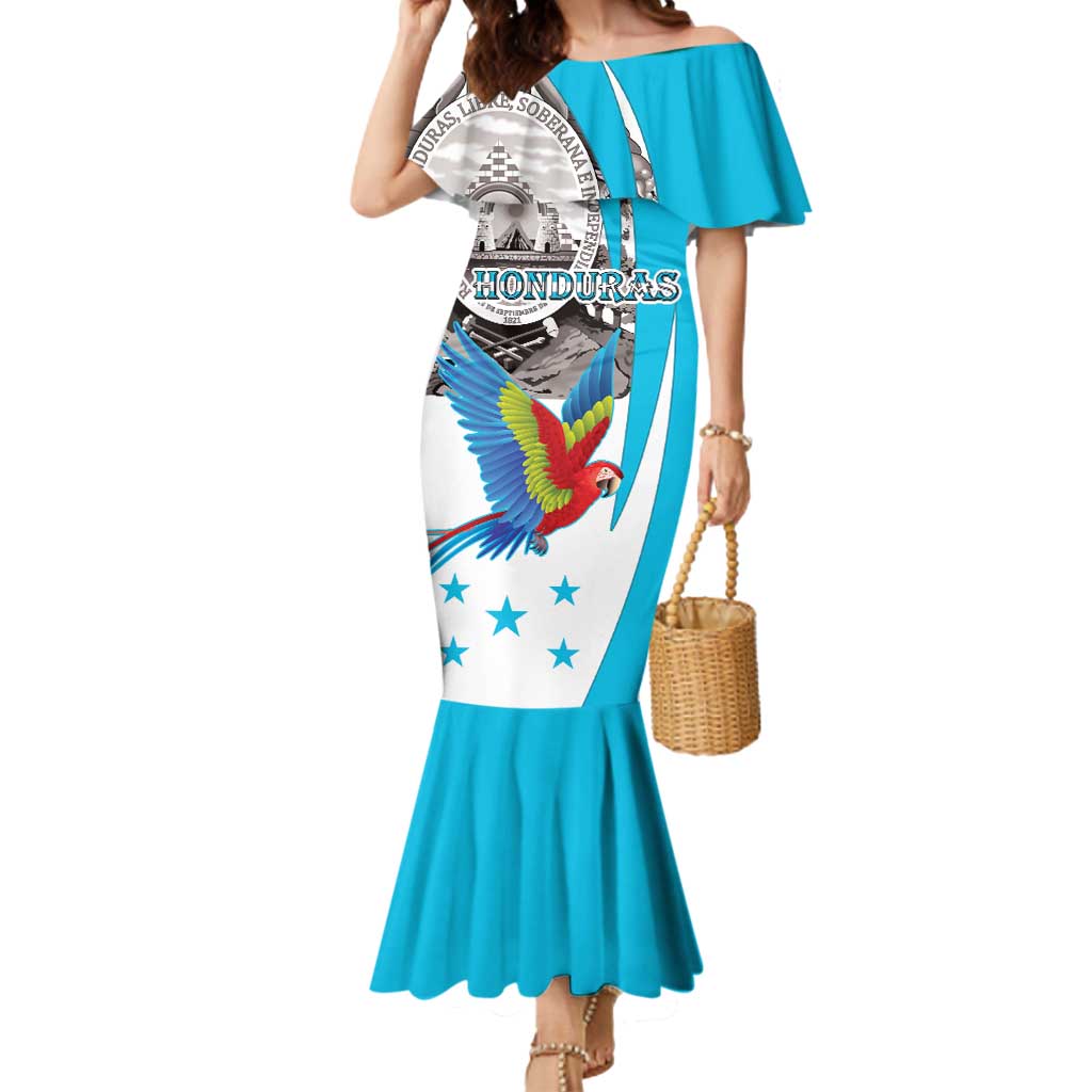 Personalized Honduras Independence Day Mermaid Dress Scarlet Macaw With Coat Of Arms - Wonder Print Shop