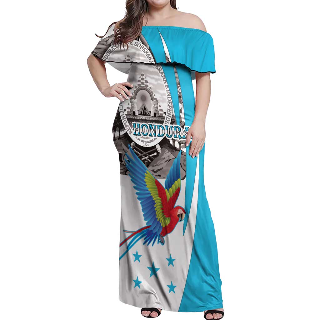 Personalized Honduras Independence Day Off Shoulder Maxi Dress Scarlet Macaw With Coat Of Arms - Wonder Print Shop