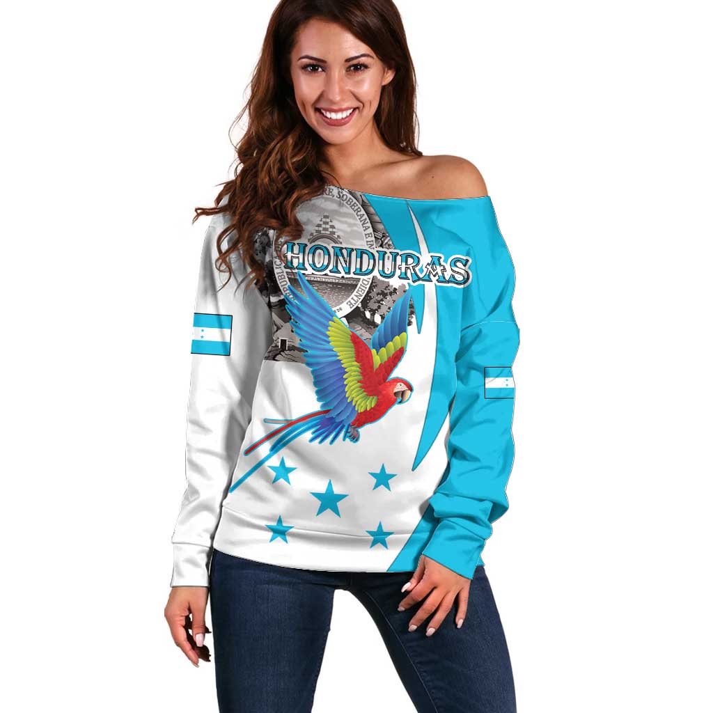 Women’s off-shoulder sweatshirt, white and teal with macaw graphic and star accents