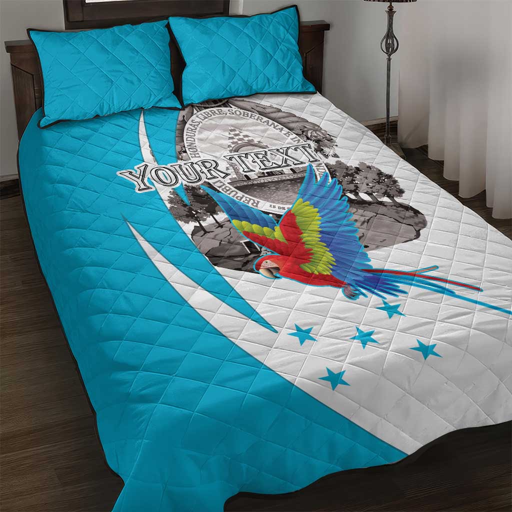 Turquoise and white quilt bed set with colorful macaw, stars, coat-of-arms circle and two pillows