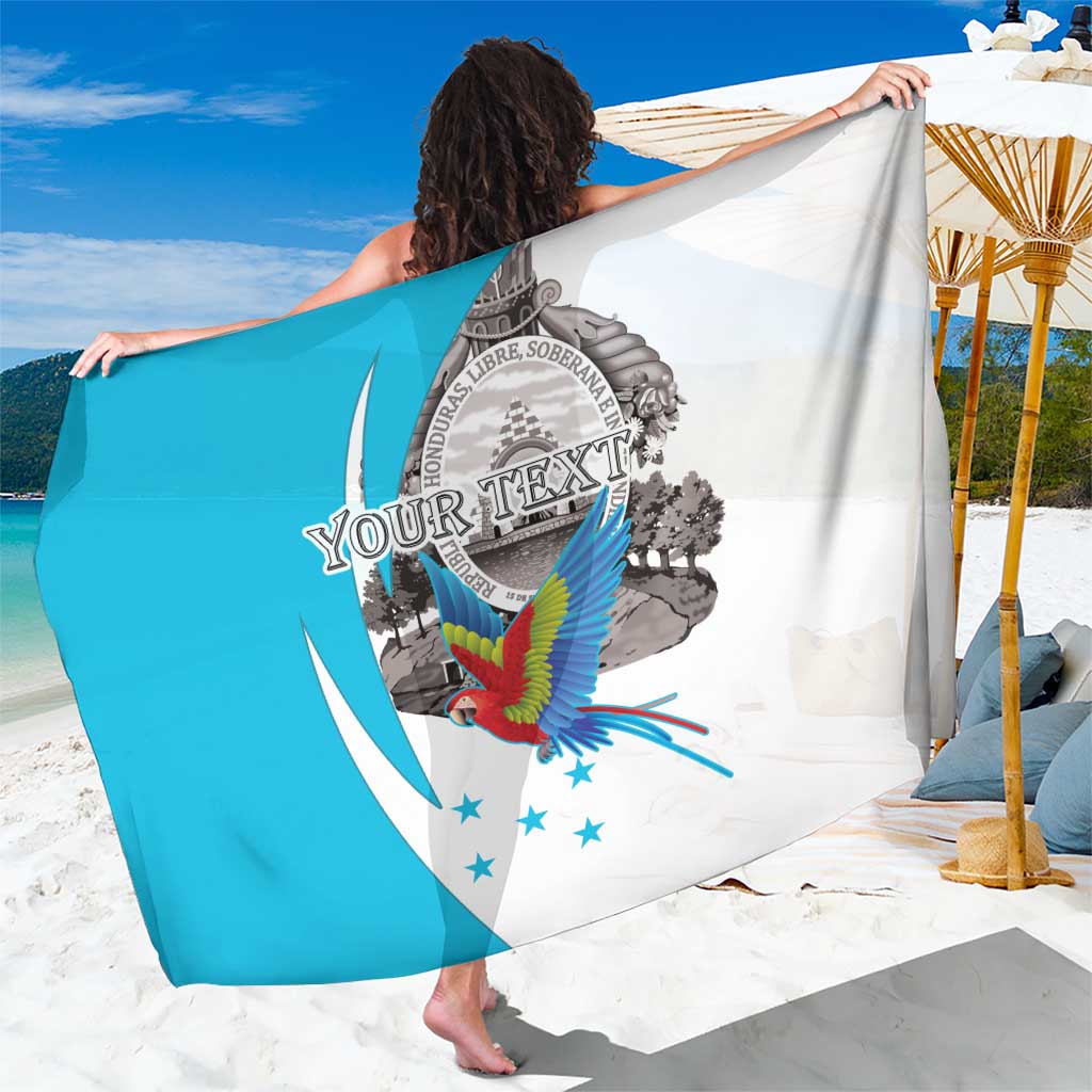 Personalized sarong draped wide: coat of arms, macaw, blue and white design