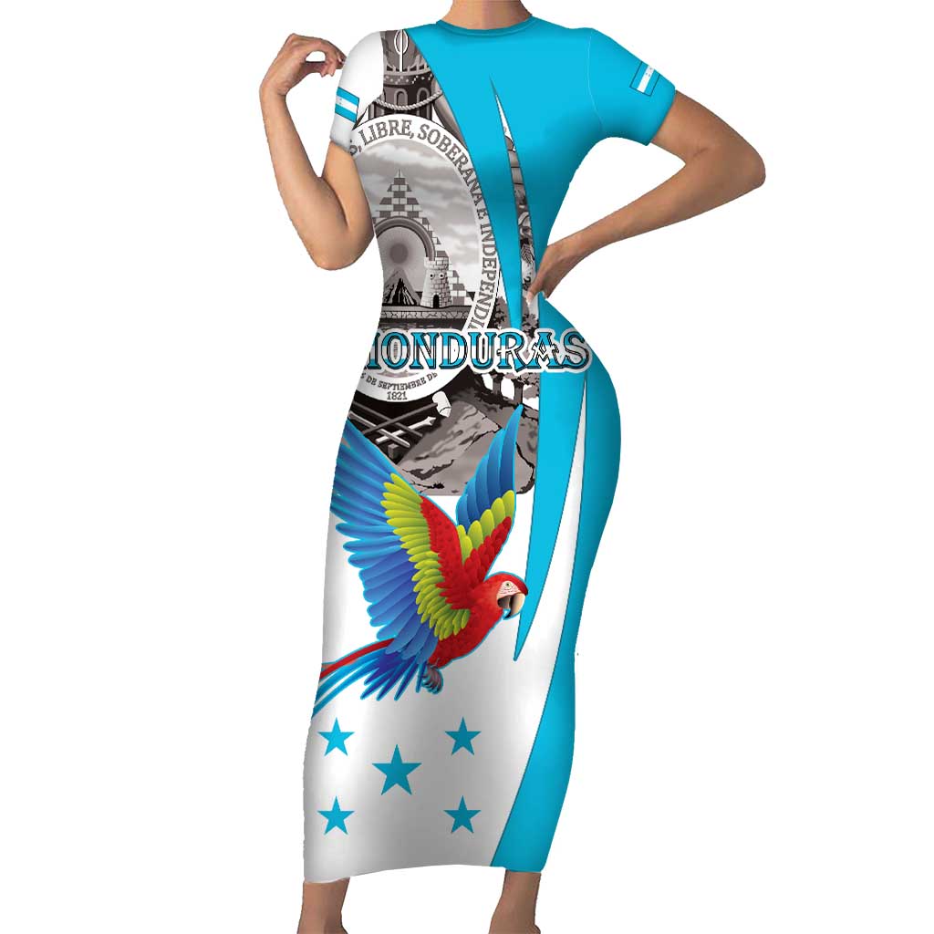 Personalized Honduras Independence Day Short Sleeve Bodycon Dress Scarlet Macaw With Coat Of Arms - Wonder Print Shop