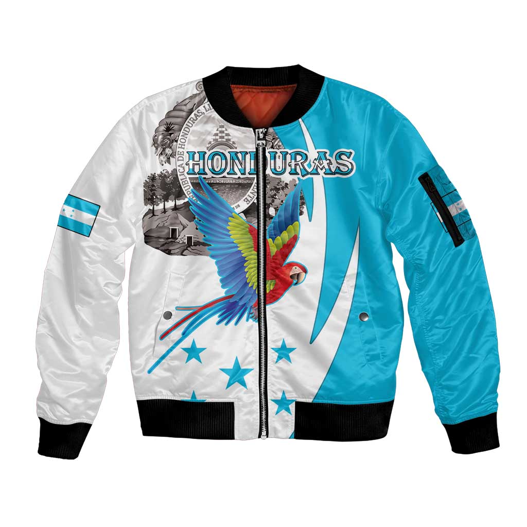 Blue and white zip bomber jacket with macaw and stars graphic, ribbed cuffs