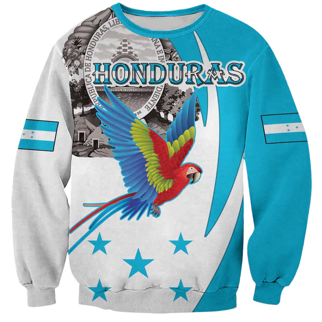 Unisex two-tone sweatshirt: white/teal, macaw graphic with Honduras text, stars, coat of arms