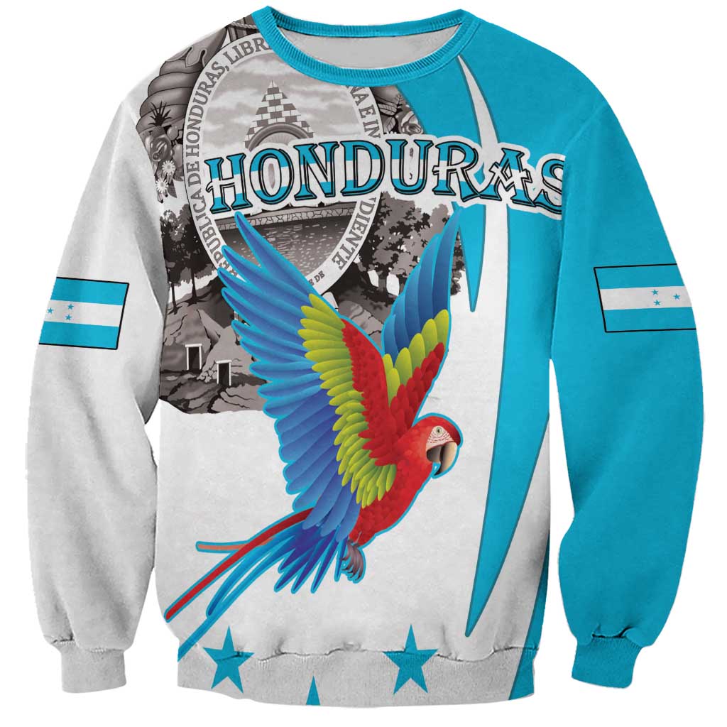 Personalized Honduras Independence Day Sweatshirt Scarlet Macaw With Coat Of Arms - Wonder Print Shop