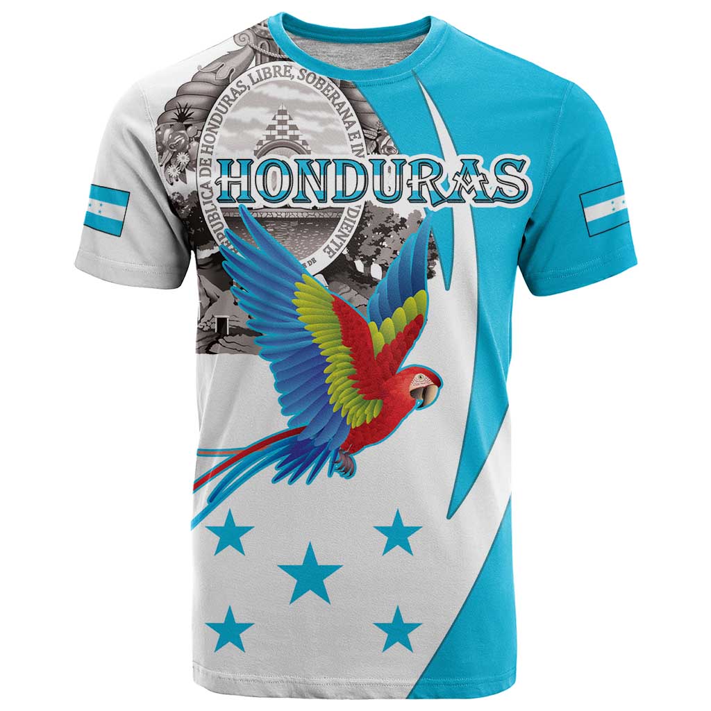 Personalized Honduras Independence Day T Shirt Scarlet Macaw With Coat Of Arms - Wonder Print Shop