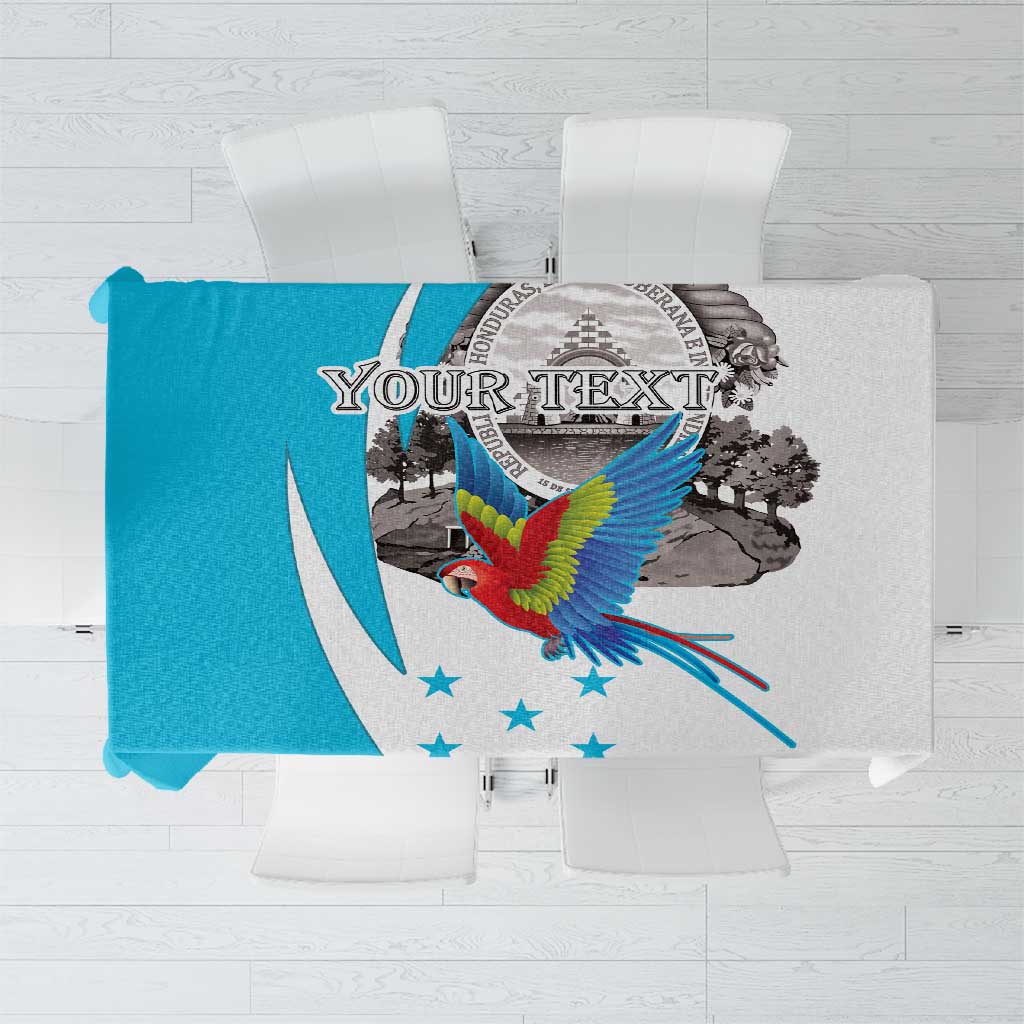 Personalized tablecloth with editable text, scarlet macaw and Honduras coat of arms