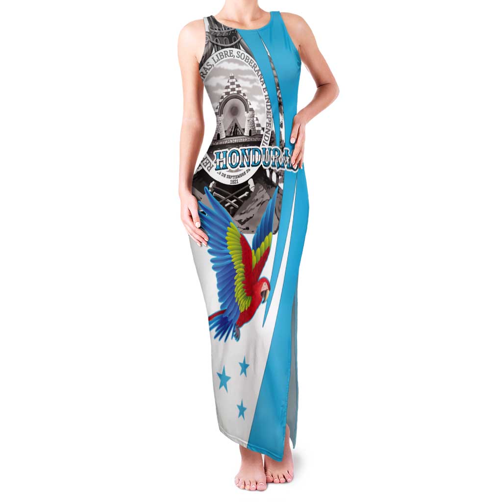 Personalized Honduras Independence Day Tank Maxi Dress Scarlet Macaw With Coat Of Arms - Wonder Print Shop