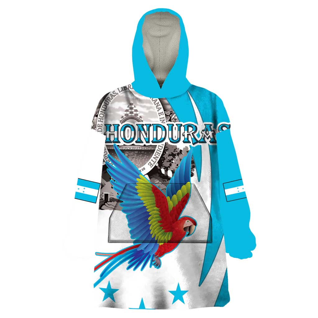 Personalized Honduras Independence Day Wearable Blanket Hoodie Scarlet Macaw With Coat Of Arms - Wonder Print Shop