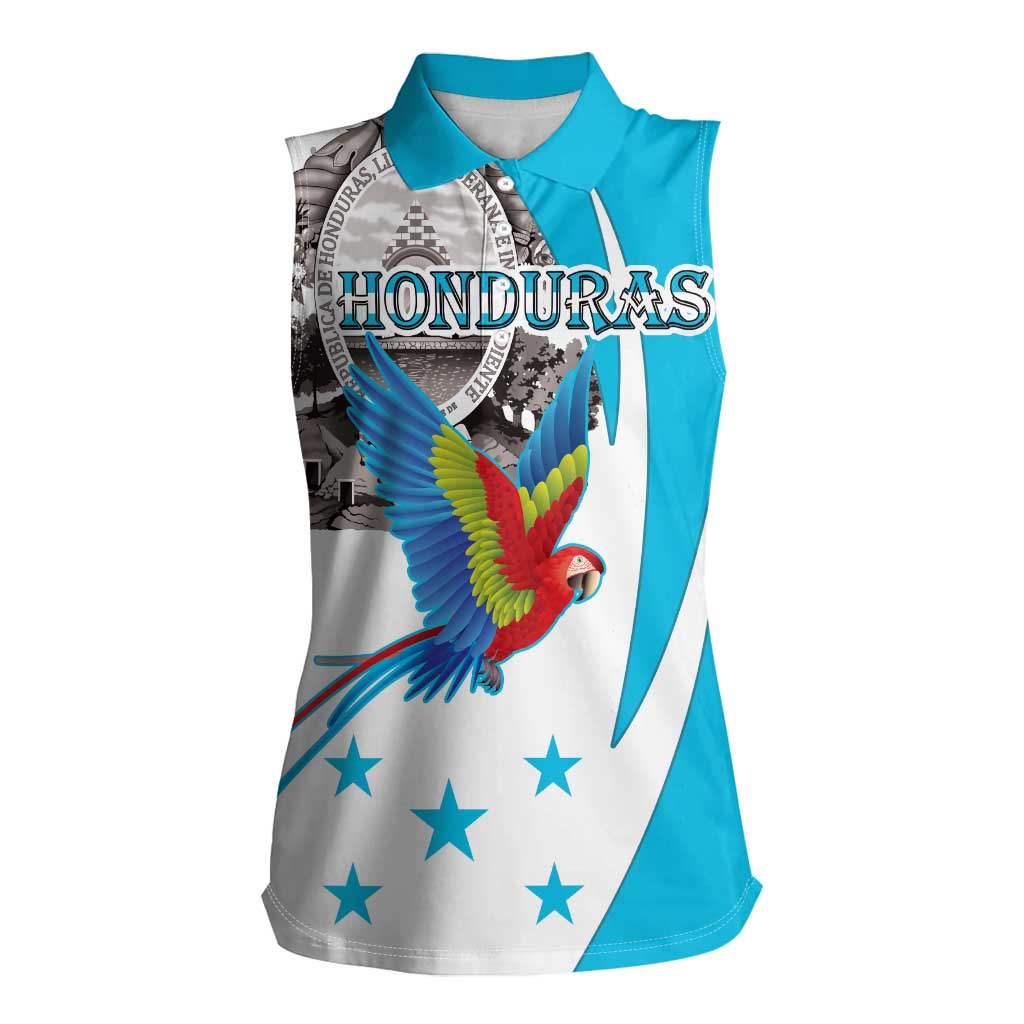 Personalized Honduras Independence Day Women Sleeveless Polo Shirt Scarlet Macaw With Coat Of Arms - Wonder Print Shop