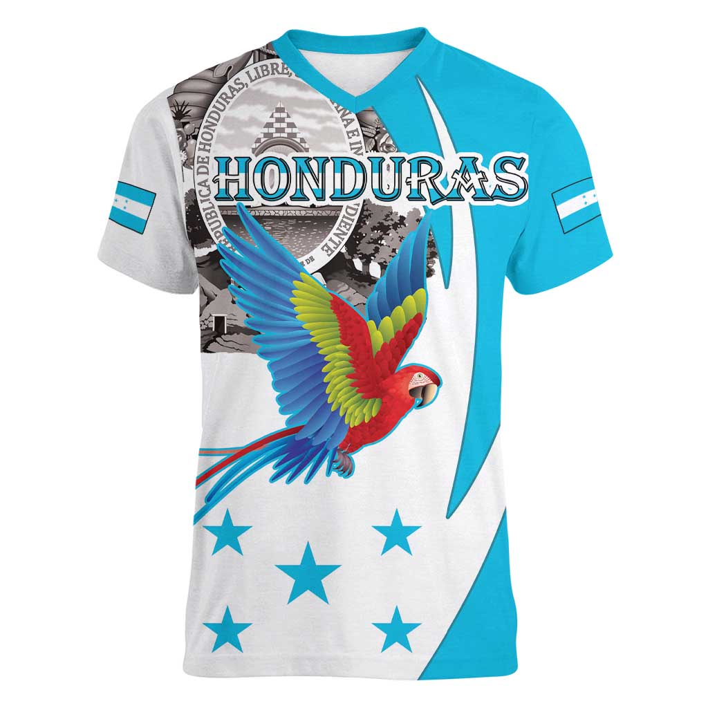 Personalized Honduras Independence Day Women V-Neck T-Shirt Scarlet Macaw With Coat Of Arms - Wonder Print Shop