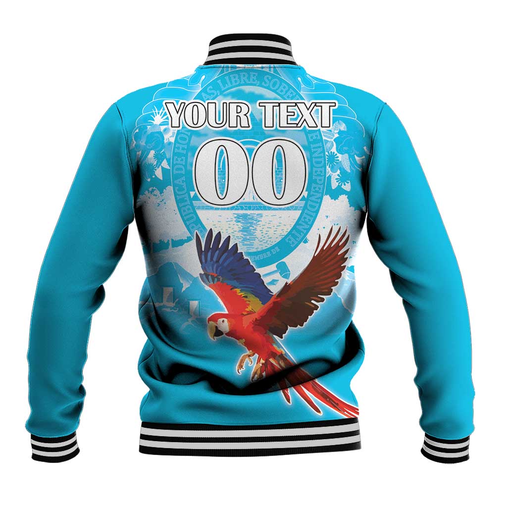 Blue unisex baseball jacket with ribbed striped collar, cuffs, and large back bird emblem