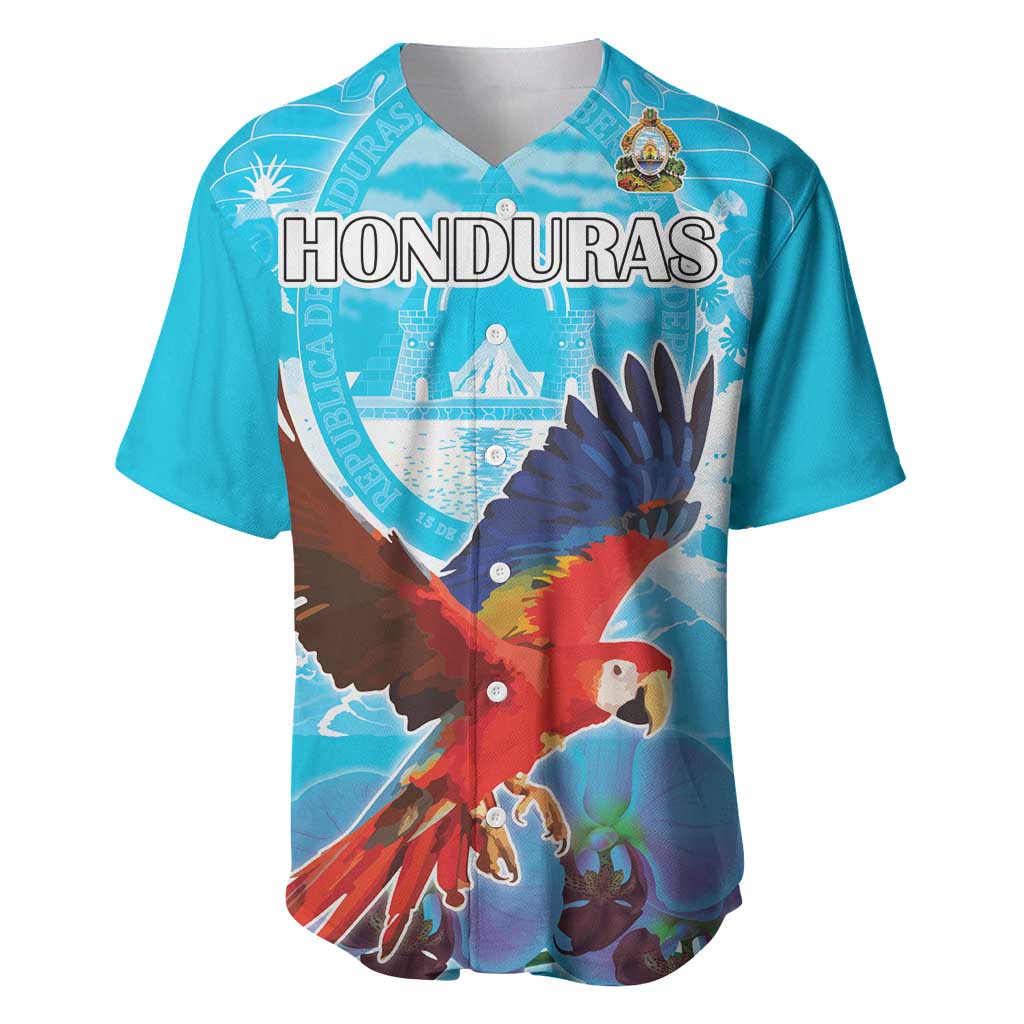 Blue baseball jersey, V-neck, short sleeves, Honduras graphic with red-blue macaw on front.