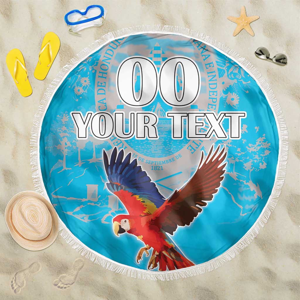 Round blue beach blanket with white fringe and colorful macaw over custom text