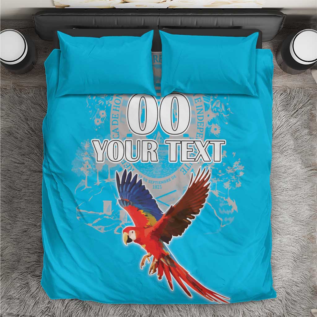 Blue bedding set with duvet and 2 pillowcases, printed scarlet macaw and custom text