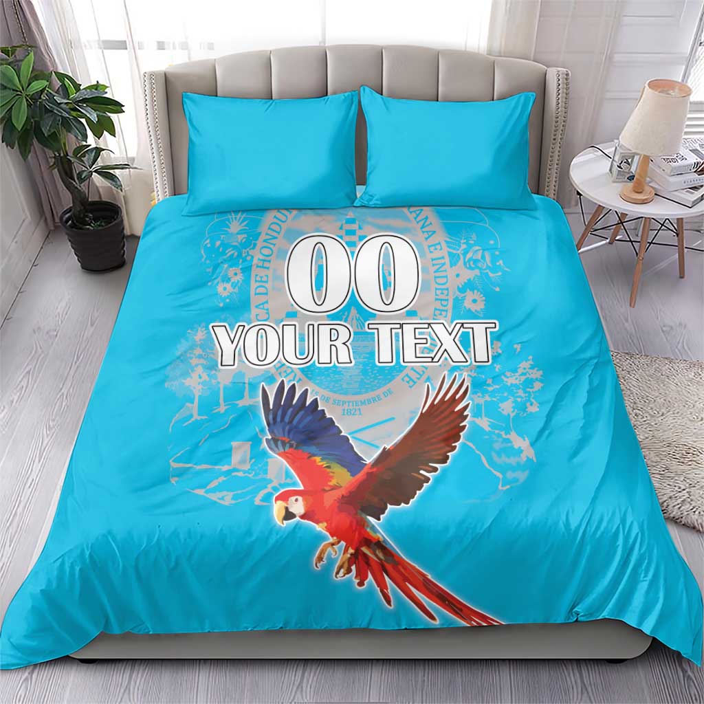 Blue duvet set with 2 pillowcases, scarlet macaw print and large “00” with custom text