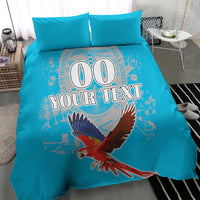 Blue bedding with duvet and 2 pillowcases, scarlet macaw artwork and “00” custom text