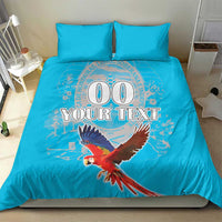 Blue duvet set with 2 pillowcases, scarlet macaw graphic and “00” headline with custom text